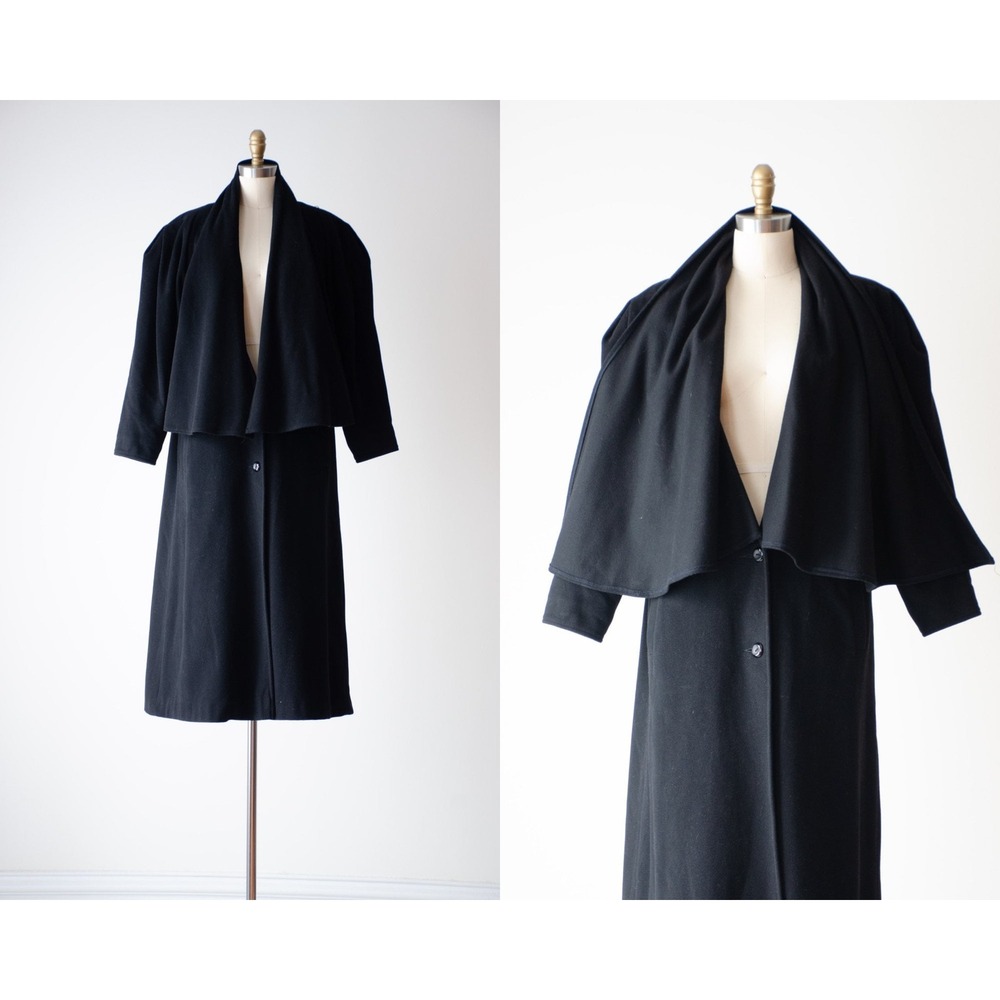 black wool coat 80s vintage dramatic black cape collar wool cashmere jacket